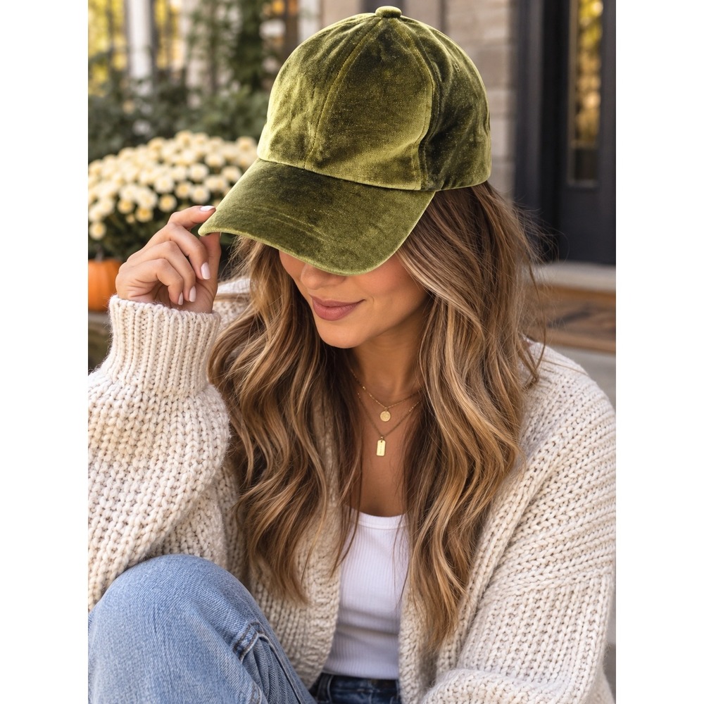 Charlotte Dante Olive Green Velvet Baseball Cap Adjustable Minimalist Luxe Hat